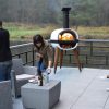 People cook on outdoor wood-fire pizza oven